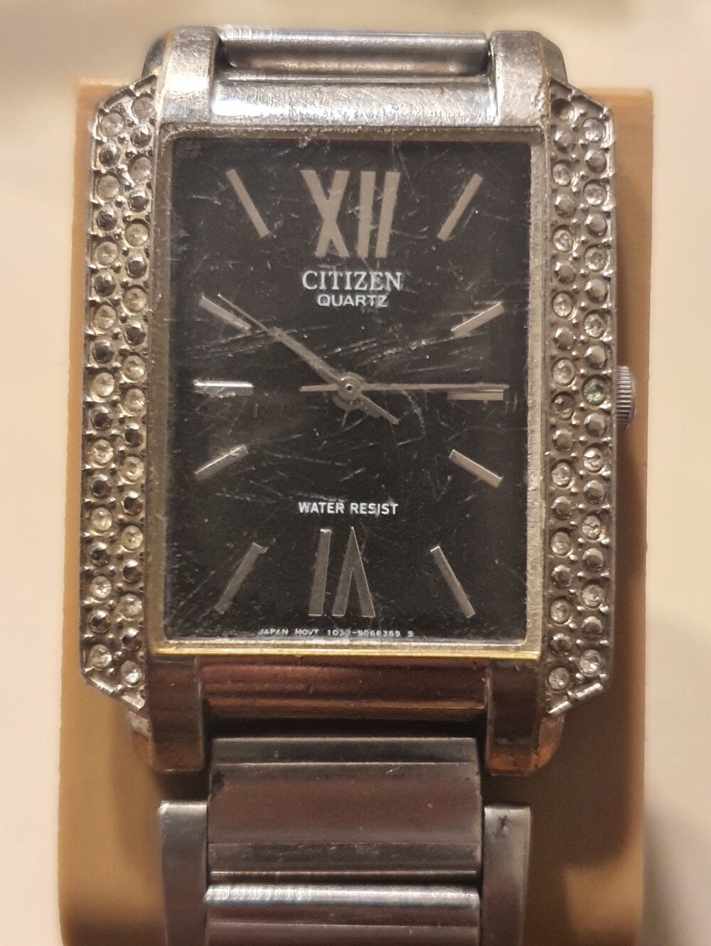 Vtg Citizen Quartz Silver/Black Rhinestone Stainless Steel Men's Tank Watch